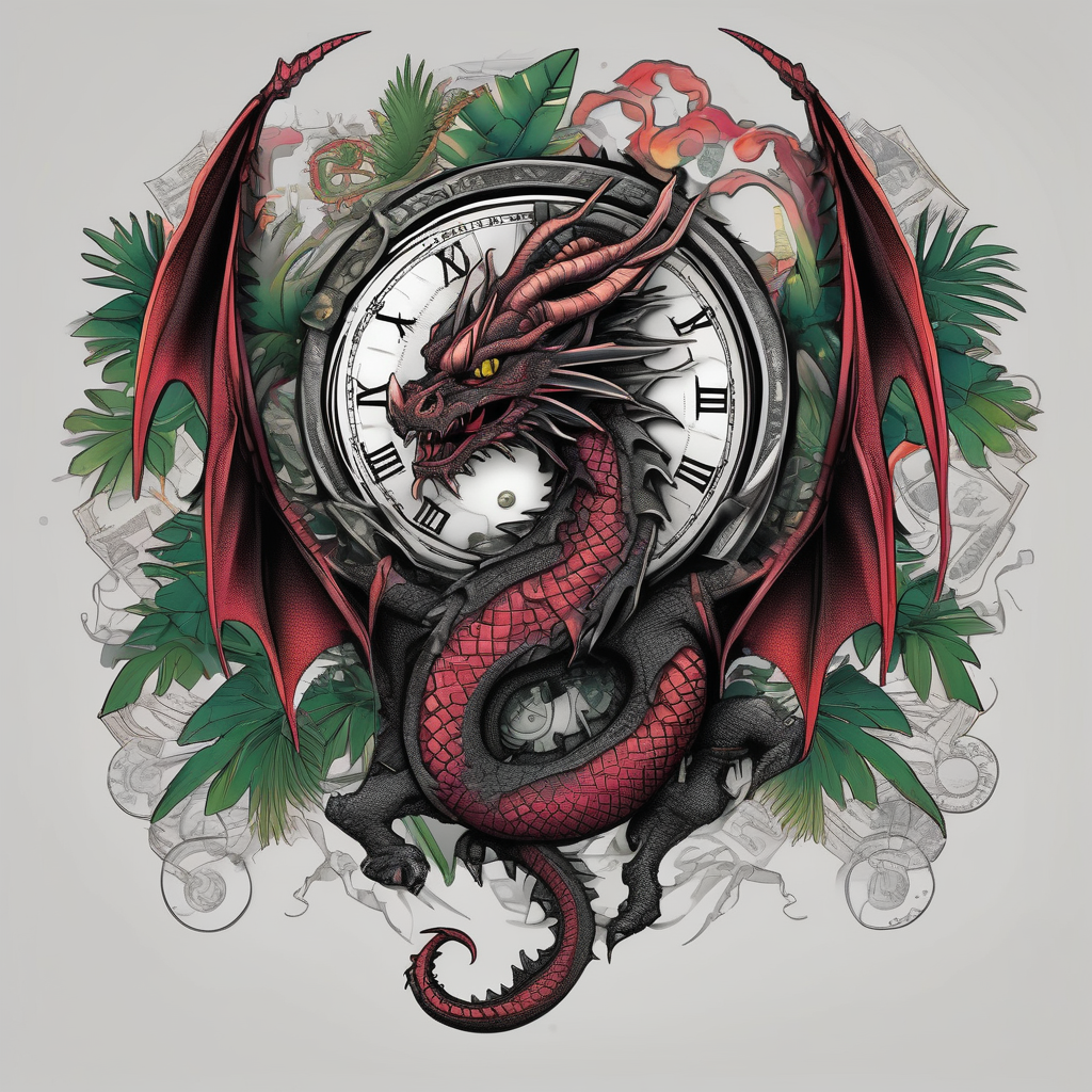 Dark dragon tattoo with clock, dollars and palms on background hello kitty tattoo, design de tatouage Dotwork généré par IA